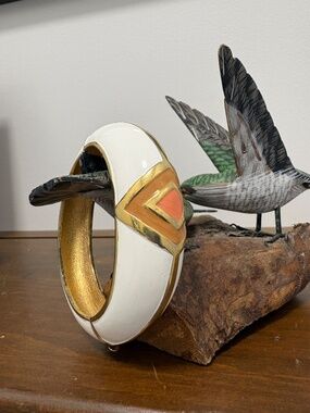 Vintage Valentino Hinged White Cuff Bracelet with Light Brown & Coral Accents